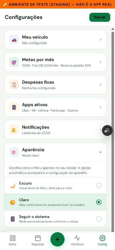 Opções de tema claro, escuro e automático do Milvu